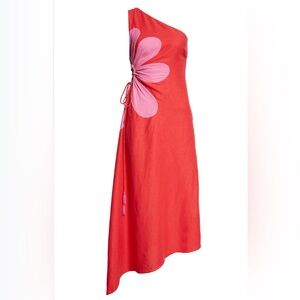 One-Shoulder Red Dress with Pink Floral Detail